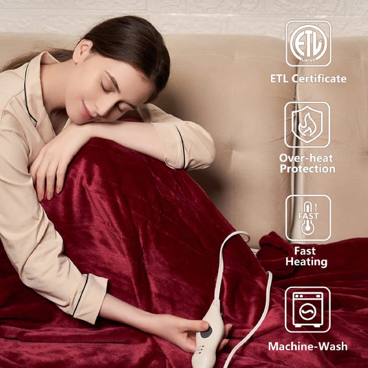 Tefici Electric Heated Blanket Throw, Super Cozy Soft 2-Layer Flannel 50" x 60" Heated Throw with 3 Heating Levels & 4 Hours Auto Off, Machine Washable, ETL&FCC Certified, Home Office Use,Camel