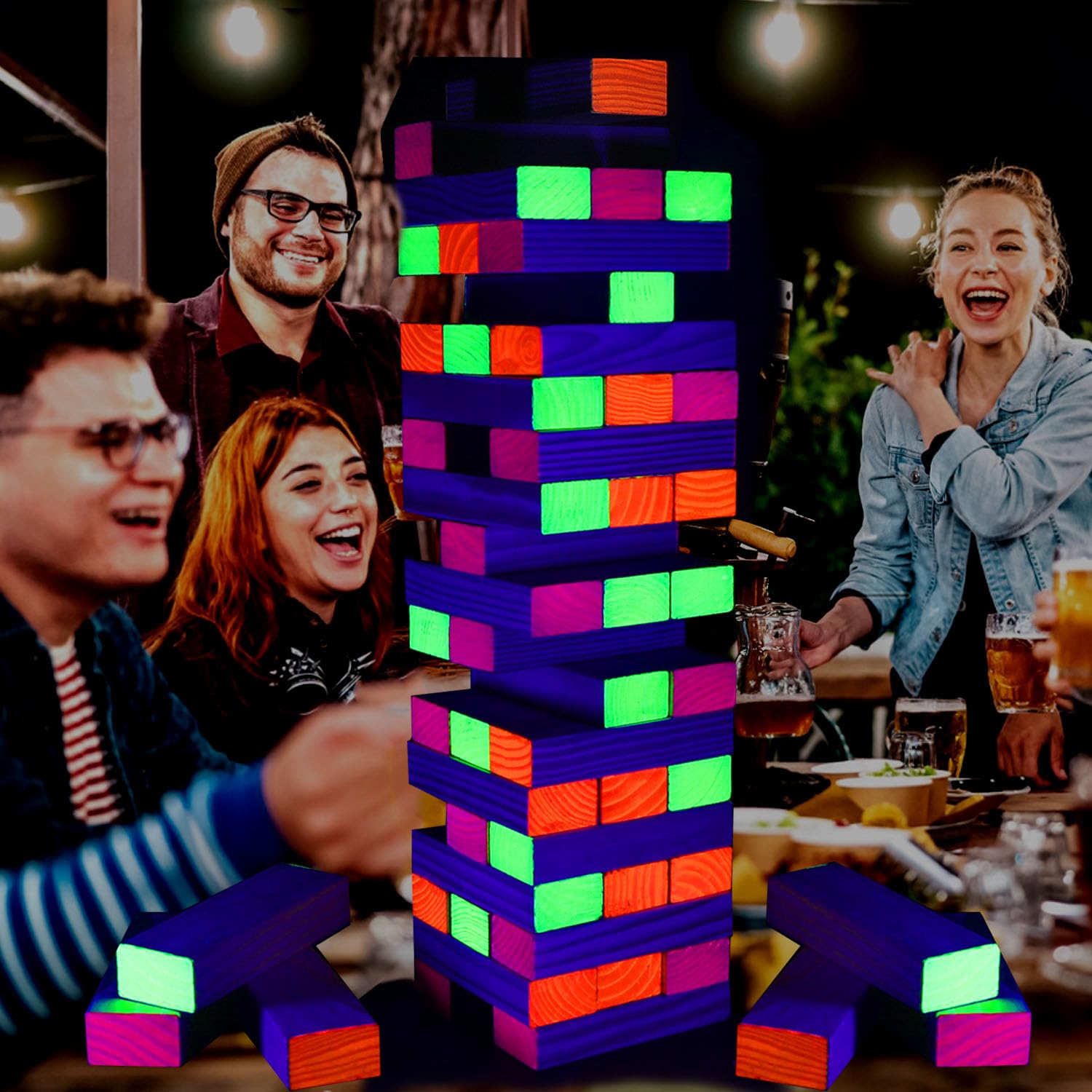 54 Piece Giant Tumble Tower Outdoor Games, Glow in The Blacklight Tumble Tower Yard Games,Outdoor Board Game for Kids and Adults for Family Game Night (Giant)