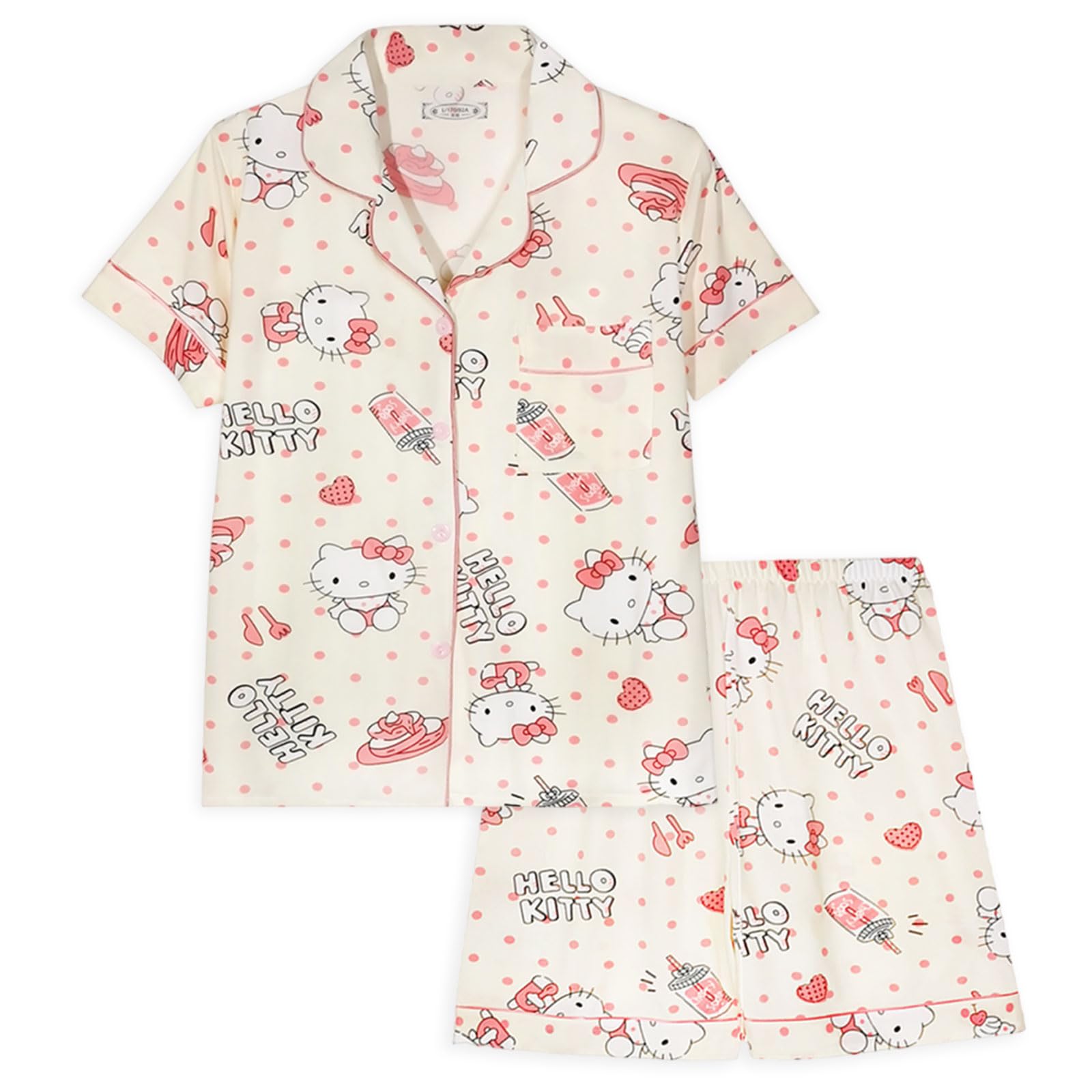 TradWloth Cute Women's Pajama Sets, Cartoon Print Sleepwear Short Sleeve Shirt and Casual Short - 2 Piece Pink