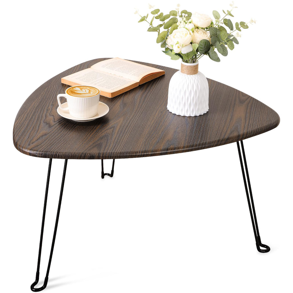 Folding Coffee Table Triangle Designs Oval Coffee Tables Mid Century Wooden Triangular Accent Table with Metal Legs Foldable Industrial Sofa Center Table for Living Room Space Saving