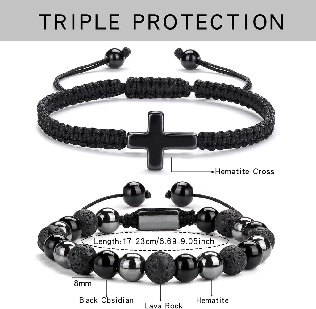 2 pcs Cross Beaded Bracelets for Men,8mm Black Obsidian Tiger eyes Hematite Mens Triple Protection Bracelet Set Fathers Day Birthday Jewelry Gifts