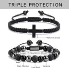 2 pcs Cross Beaded Bracelets for Men,8mm Black Obsidian Tiger eyes Hematite Mens Triple Protection Bracelet Set Fathers Day Birthday Jewelry Gifts