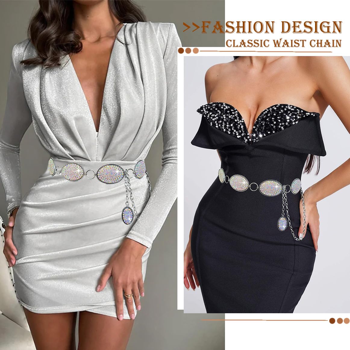 Xiokyo Bling Rhinestone Concho Belt Heavy Metal Western Crystal Chain Belt Cowgirl Sparkly Waist Chain for Women Dress