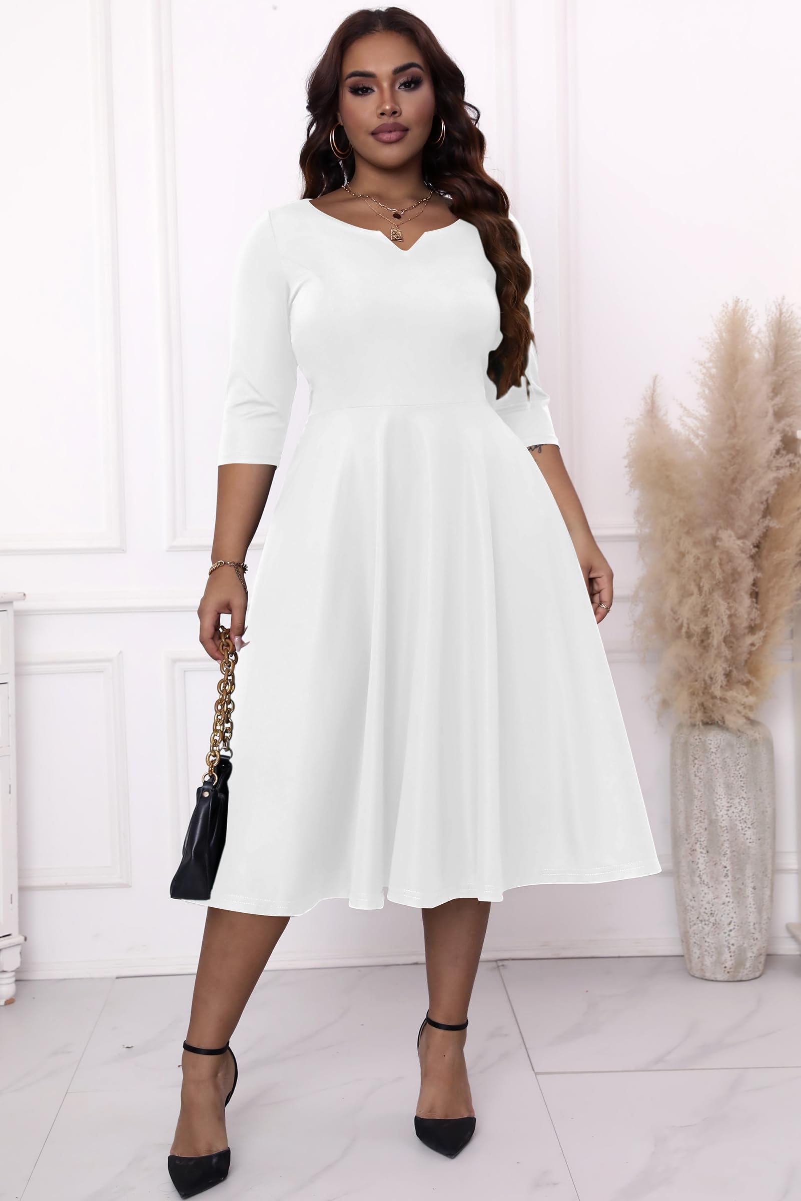 Runwind Plus Size Dresses for Curvy Women Cocktail Wedding Guest Fit and Flare A-Line Swing Casual Midi White Dresses 3XL