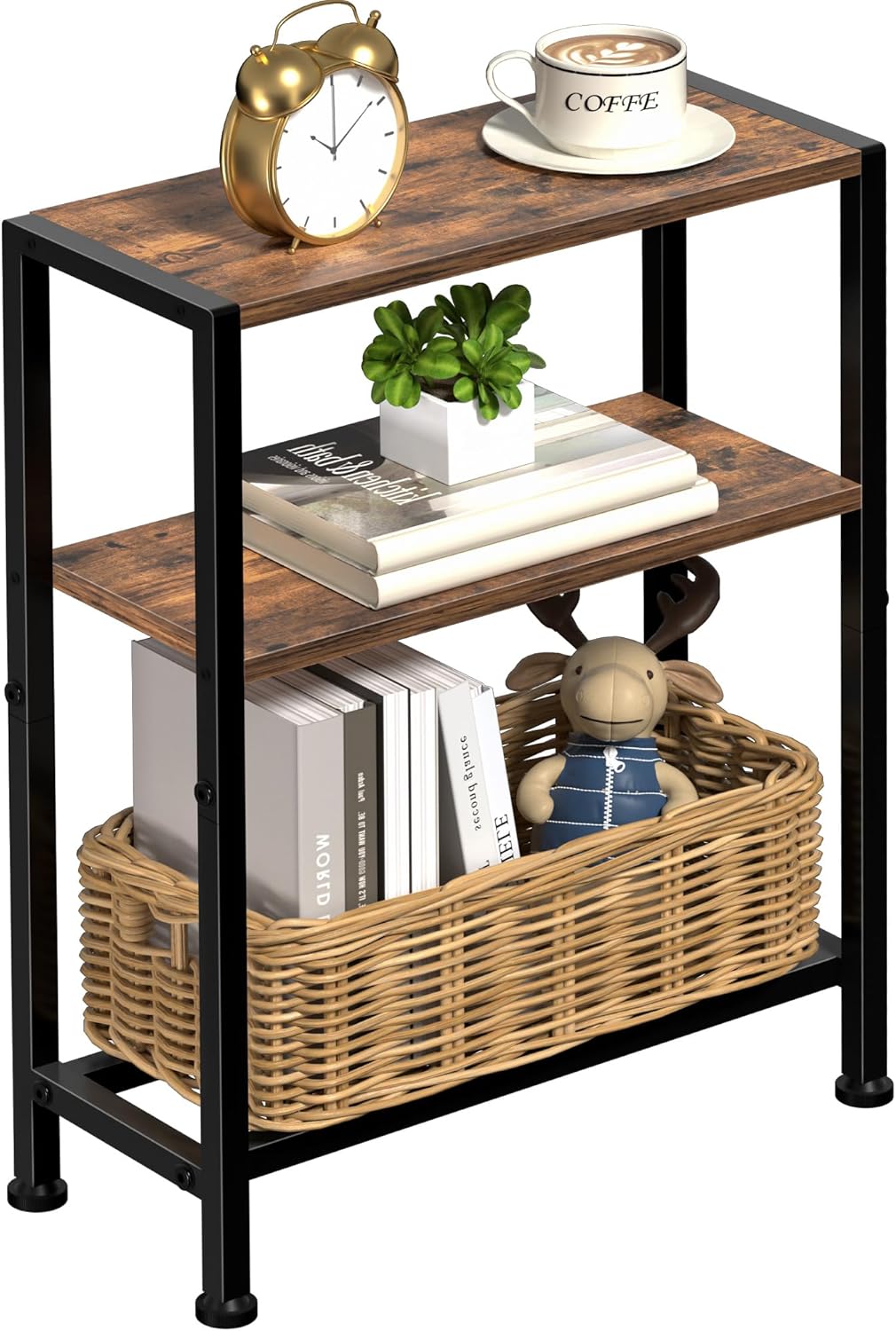 Narrow Side Table for Small Space, 2-Tier Small End Table with Shelf Holder, Slim Nightstand, Skinny Snack Couch Table in Living Room, Bedroom, Study, Kitchen and Balcony (Rustic Brown &Black)