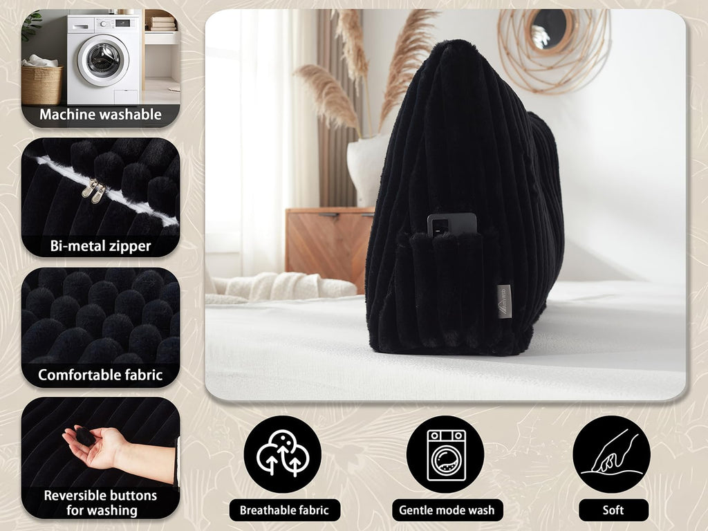 AmyWtb hovedgærde pude + en lang nakkepude kropspude, hovedgærde kilepude i imiteret pels med aftageligt betræk (sort, Queen: 59x8x20 tommer)