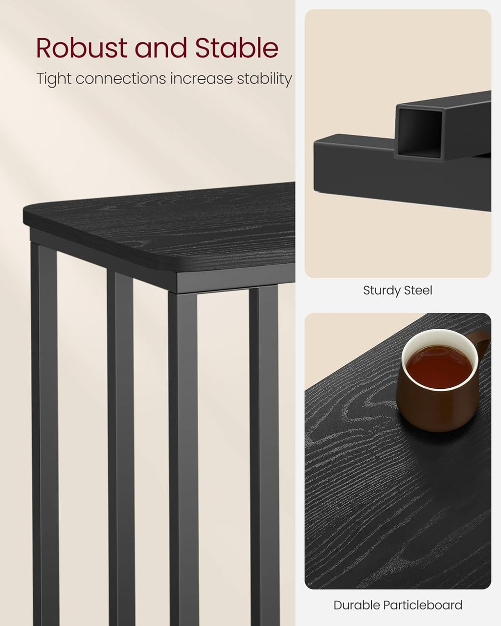 VASAGLE End Table, C Shaped TV Tray with Metal Frame Rolling Casters for Coffee Laptop Mobile Tablet, Industrial Side Table for Living Room Bedroom, 19.7 x 13.8 x 23.6 Inches, Ebony Black, ULNT050B56