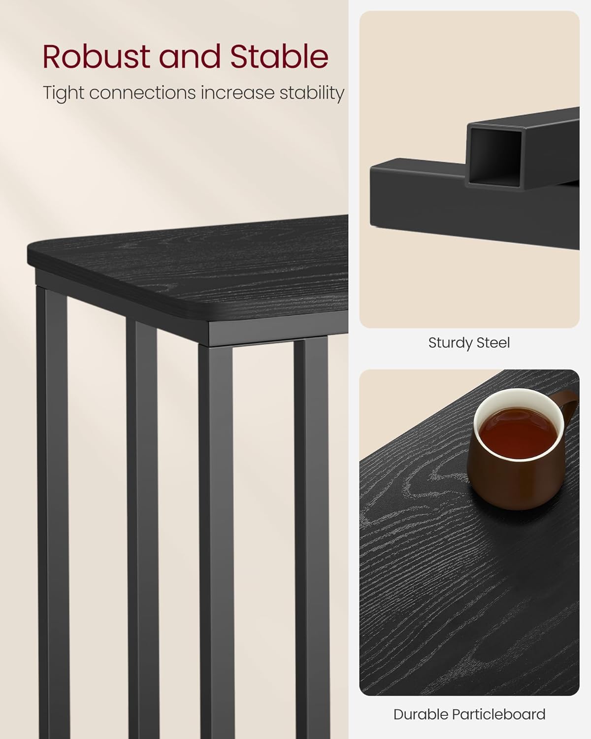 VASAGLE End Table, C Shaped TV Tray with Metal Frame Rolling Casters for Coffee Laptop Mobile Tablet, Industrial Side Table for Living Room Bedroom, 19.7 x 13.8 x 23.6 Inches, Ebony Black, ULNT050B56