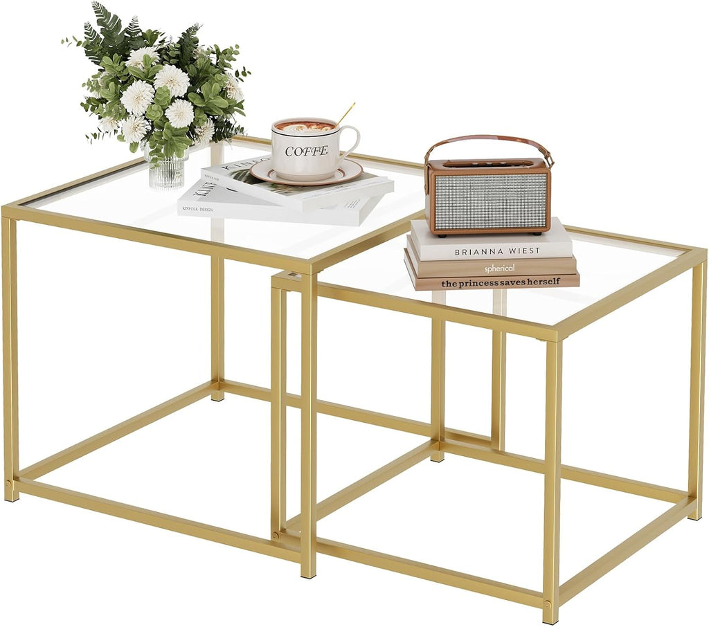 Glass Coffee Table Modern Center Living Room Table,Minimalist Nesting Table Set of 2 for Living Room,Tempered Glass-top with Sturdy Metal Frame, Easy Assembly,Gold