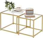 Glass Coffee Table Modern Center Living Room Table,Minimalist Nesting Table Set of 2 for Living Room,Tempered Glass-top with Sturdy Metal Frame, Easy Assembly,Gold