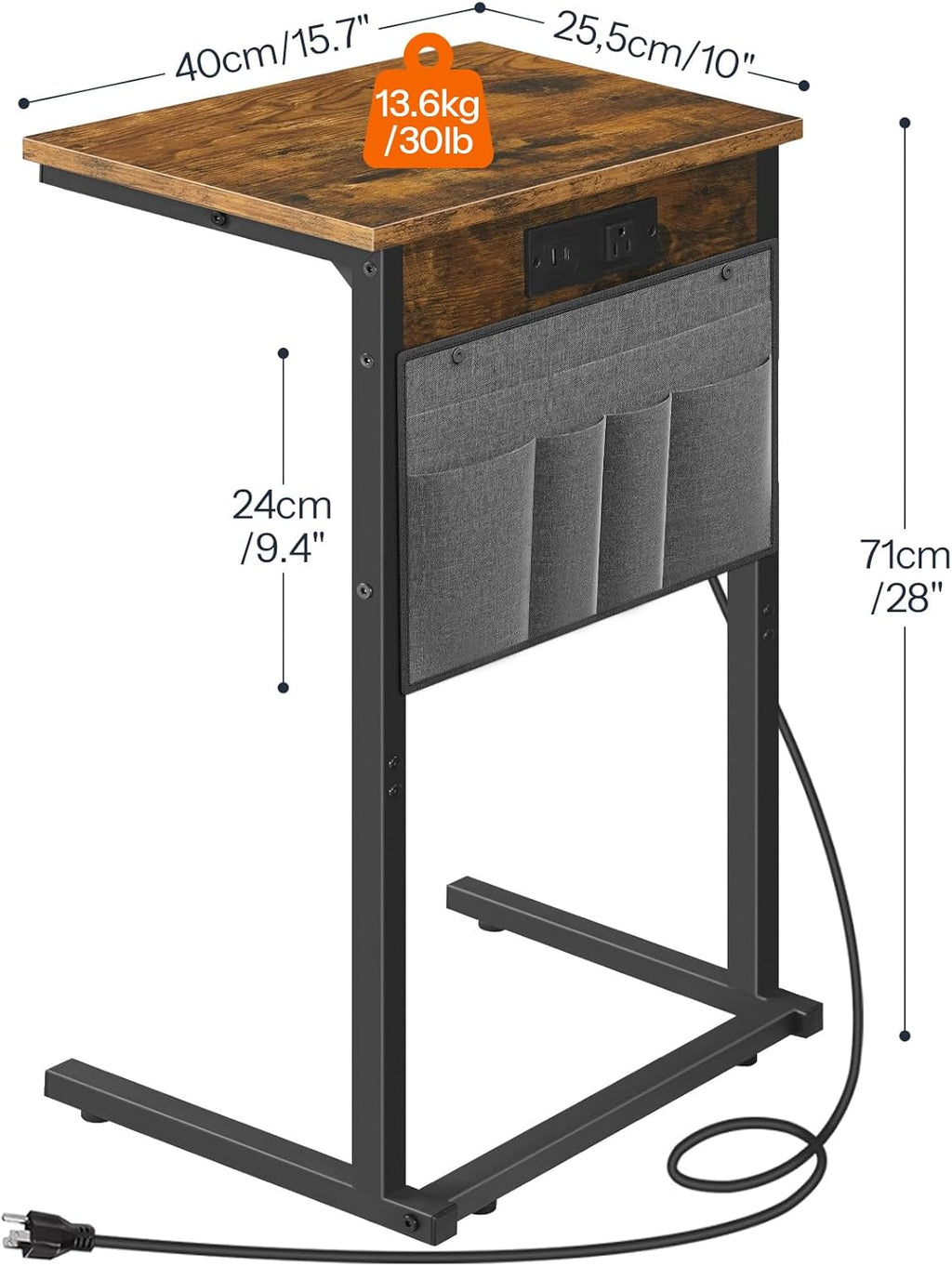 HOOBRO C Shaped End Table with Charging Station, 28" H Couch Side Table Slide Under, Sofa Arm Tray Table with Storage Bag for Living Room, Recliner, Rustic Brown BF70USF01