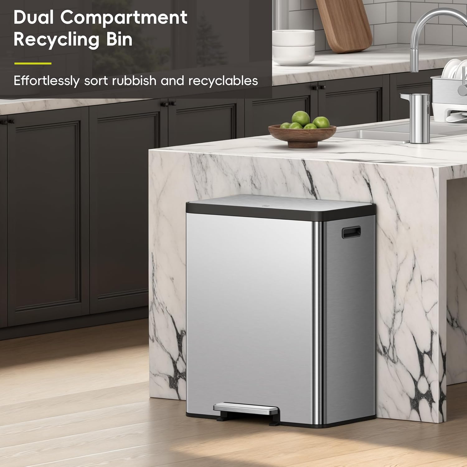 EKO EcoCasa II 36L+24L Dual Trash Can with Recycle Bin, Stainless Steel Garbage Can with Lid, Deodorizer Compartment, Odor-Proof and Fingerprint Resistant