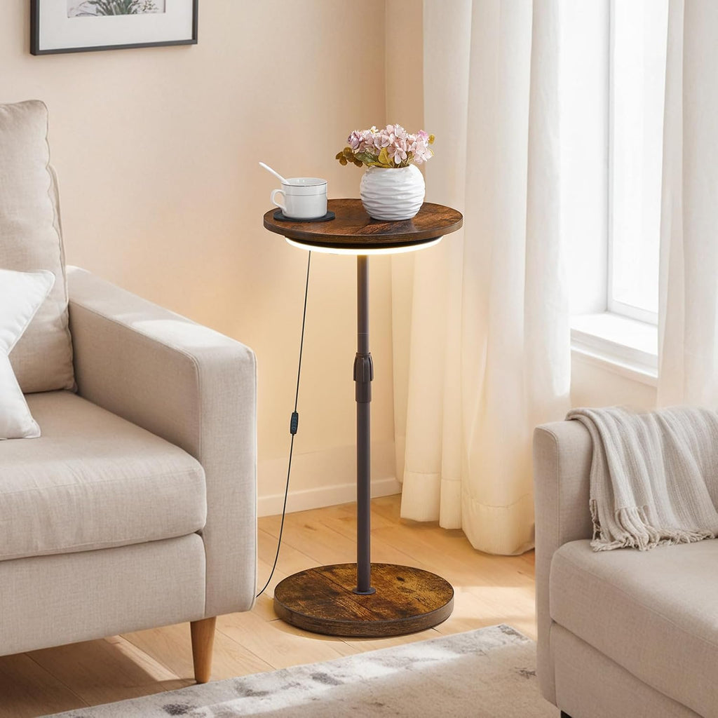 Set of 2 Small Round Side Table, Adjustable Height Drink Table, Pedestal Side Table with LED Light and Cup Mat, Coffee Martini Table, for Small Spaces, Rustic Brown and Black ETHR32E01S2