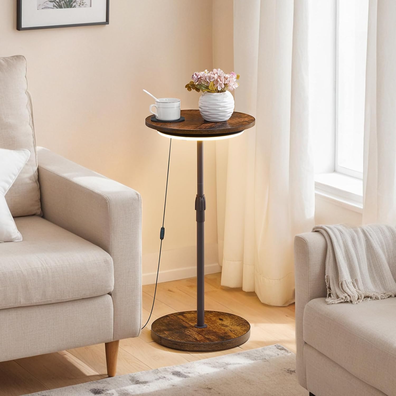 Set of 2 Small Round Side Table, Adjustable Height Drink Table, Pedestal Side Table with LED Light and Cup Mat, Coffee Martini Table, for Small Spaces, Rustic Brown and Black ETHR32E01S2