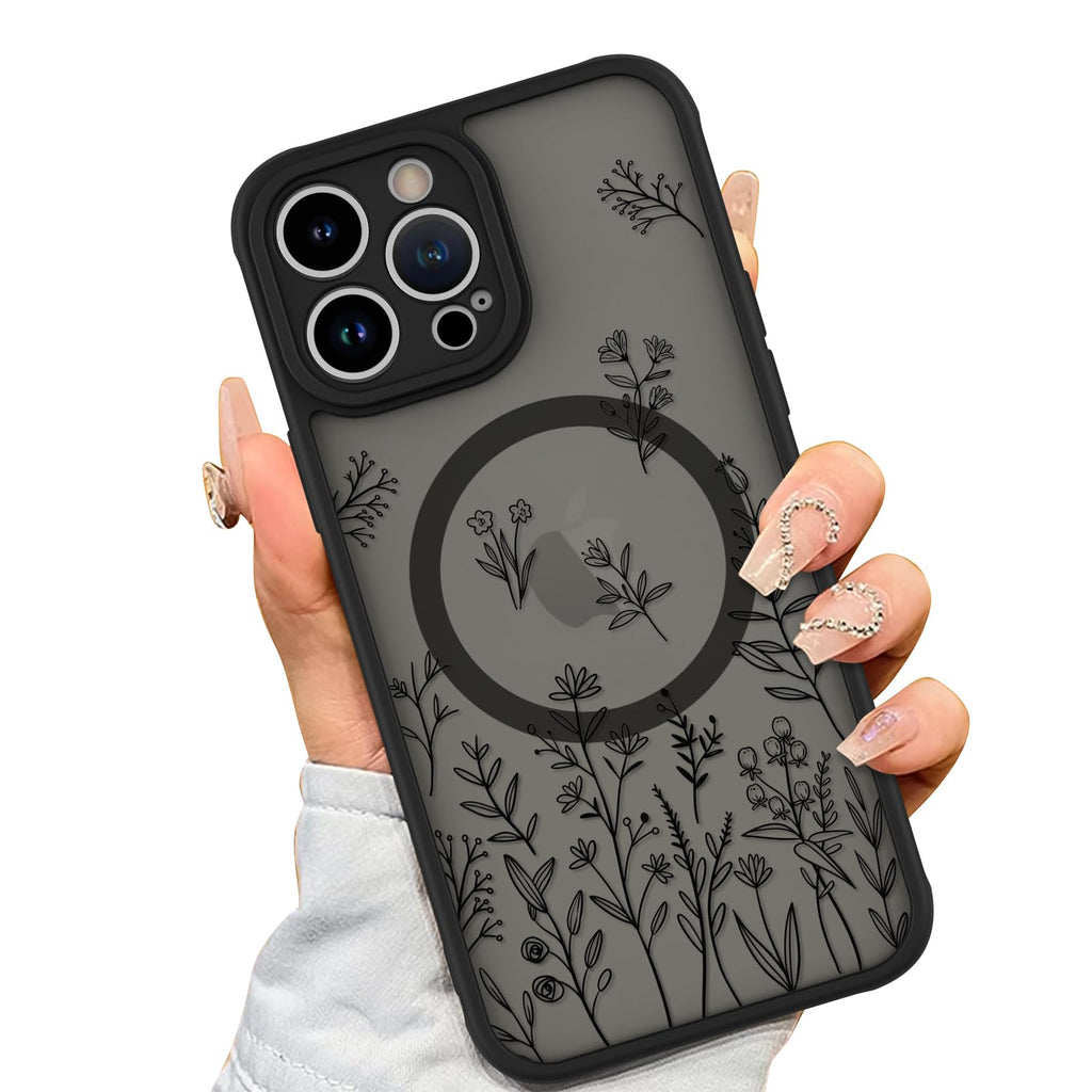 AIGOMARA Magnetic Case for iPhone 13 Pro Max [Compatible with MagSafe] Cute Black Flower Floral Case for Women Girls Soft TPU Bumper Hard PC Back Anti-Fall Shockproof Protective Slim Cover