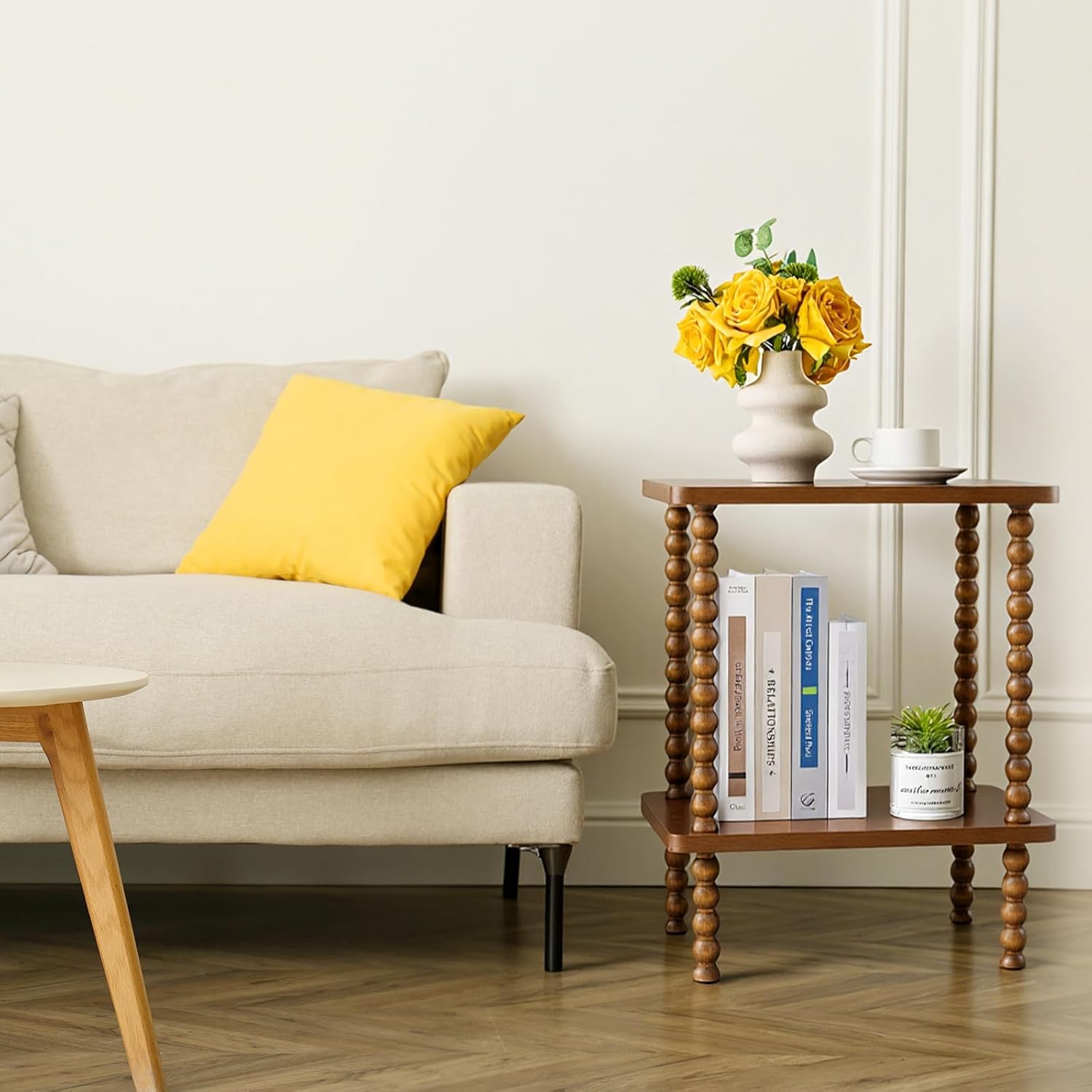 2 Tier Spindle Side Table Small Rustic Vintage Brown Bedside Nightstand Coffee End Table with Storage Shelf Nightstand for Small Spaces, Bedroom, Indoor Outdoor, Living Room, Farmhouse, Easy Assembly