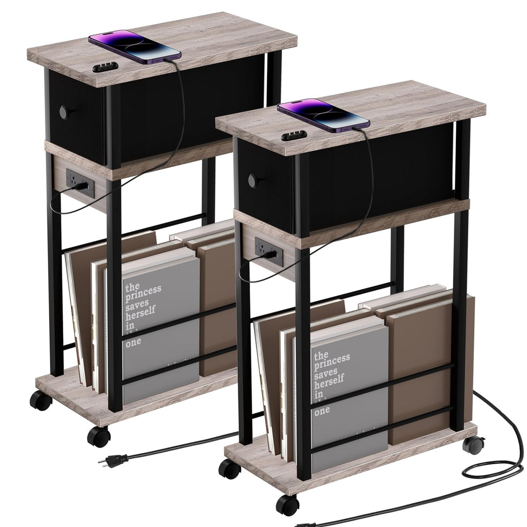 Side Table with Charging Station and Drawer, Narrow End Table with USB Ports and Outlets for Small Space, Living Room, Bedroom and Office, with 4 Wheels (1, Rustic Brown + Black)