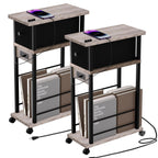 Side Table with Charging Station and Drawer, Narrow End Table with USB Ports and Outlets for Small Space, Living Room, Bedroom and Office, with 4 Wheels (1, Rustic Brown + Black)