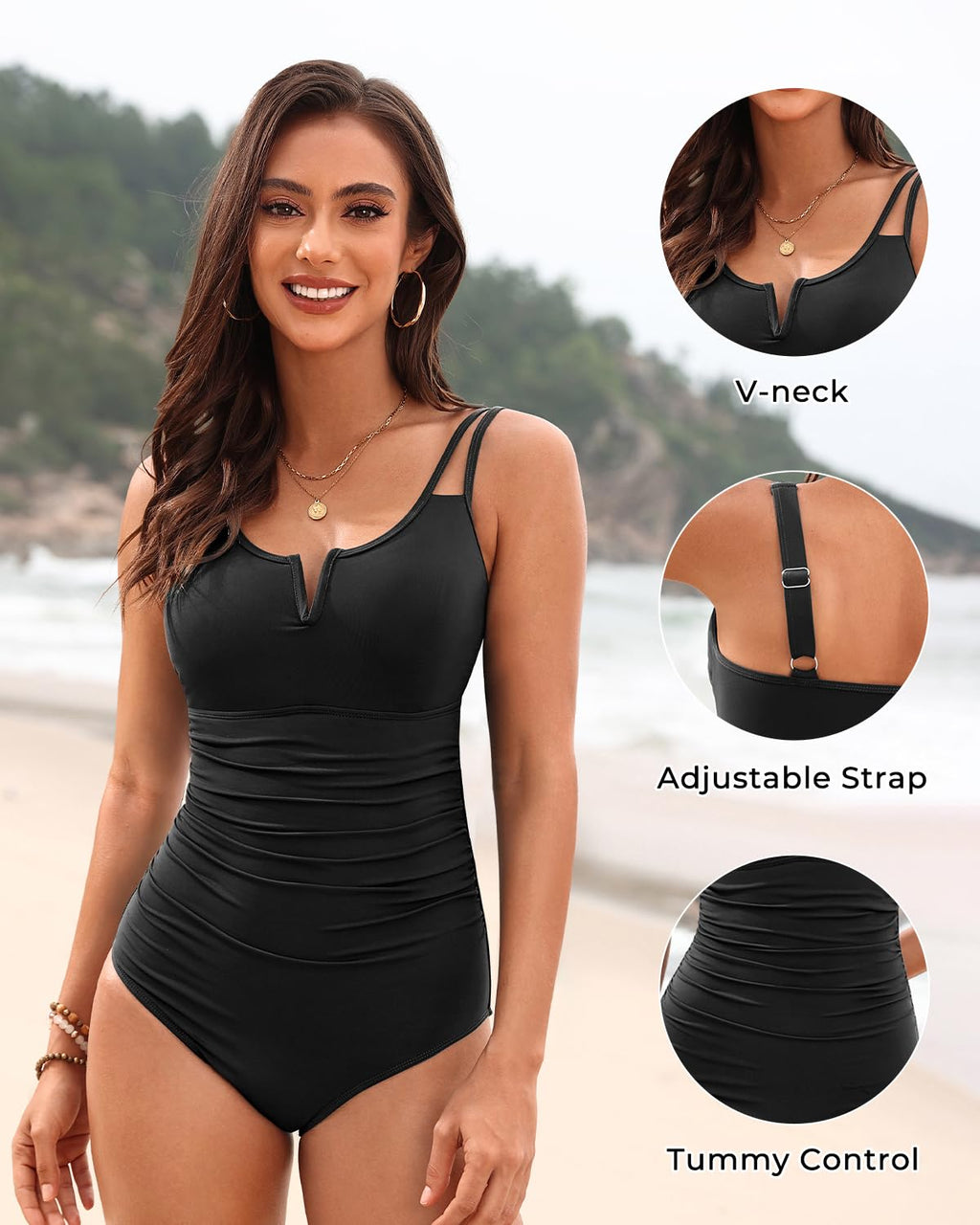 Womens One Piece Swimsuit Tummy Control - Slimming Bathing Suit V Wired Full Coverage 2025 Swimwear Black L