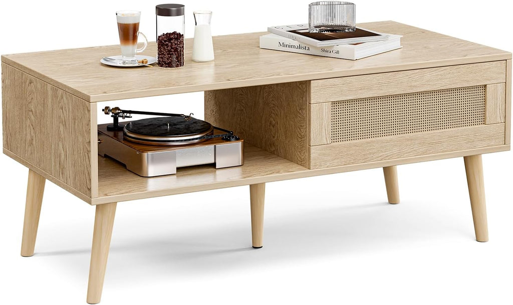 Wood Coffee Table with Storage, Boho Dining Table with Sliding Rattan Door Panel and Solid Wood Legs, Small Coffee Tables for Living Room, Oak (Oak_LSJ008)