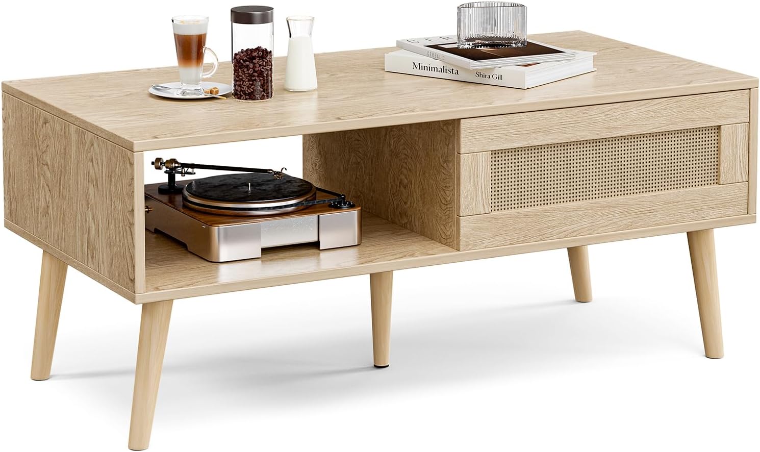 Wood Coffee Table with Storage, Boho Dining Table with Sliding Rattan Door Panel and Solid Wood Legs, Small Coffee Tables for Living Room, Oak (Oak_LSJ008)