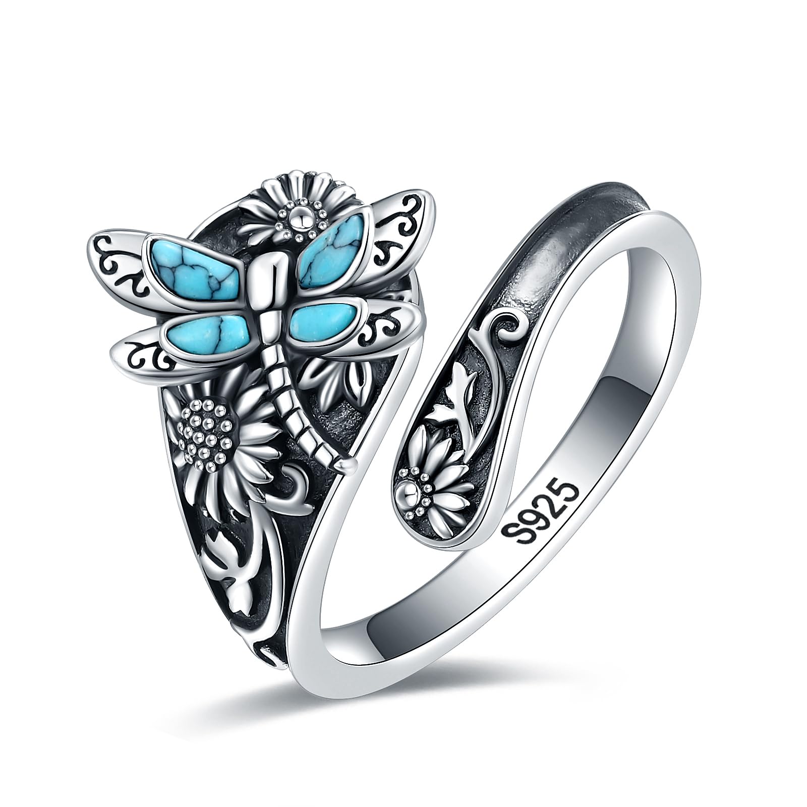 S925-Sterling-Silver Turquoise Dragonfly/Butterfly Spoon Ring - Vintage Boho Sunflower Thumb Rings Oxidized Wrap Ring Victorian Style Antique Floral Jewelry Gifts for Women
