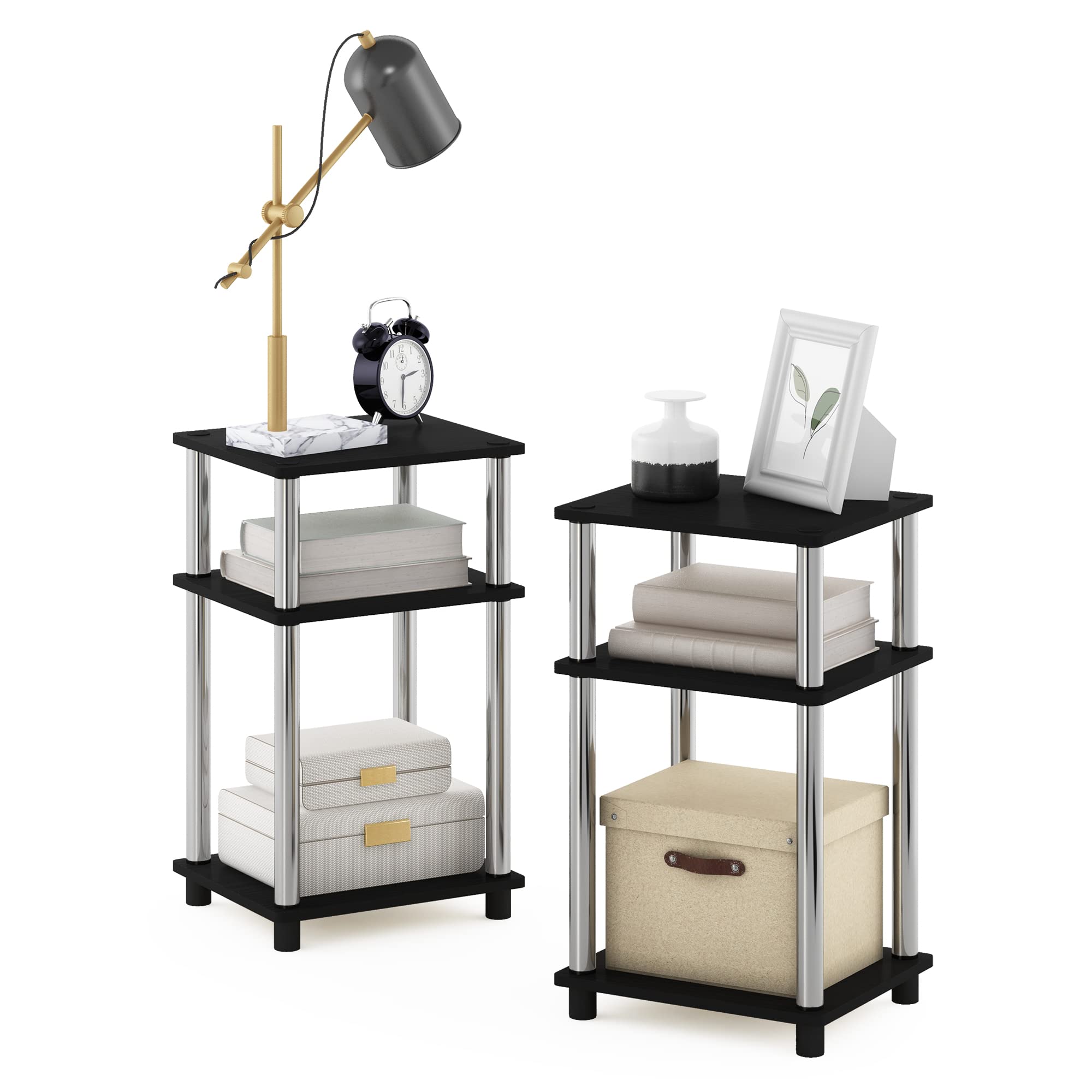 Furinno JUST Side Table, 3-Tier End Table, Open Shelves Night Stand, Bedside Table, Toolless Assembly, for Living Room, Bedroom, Bathroom, Americano