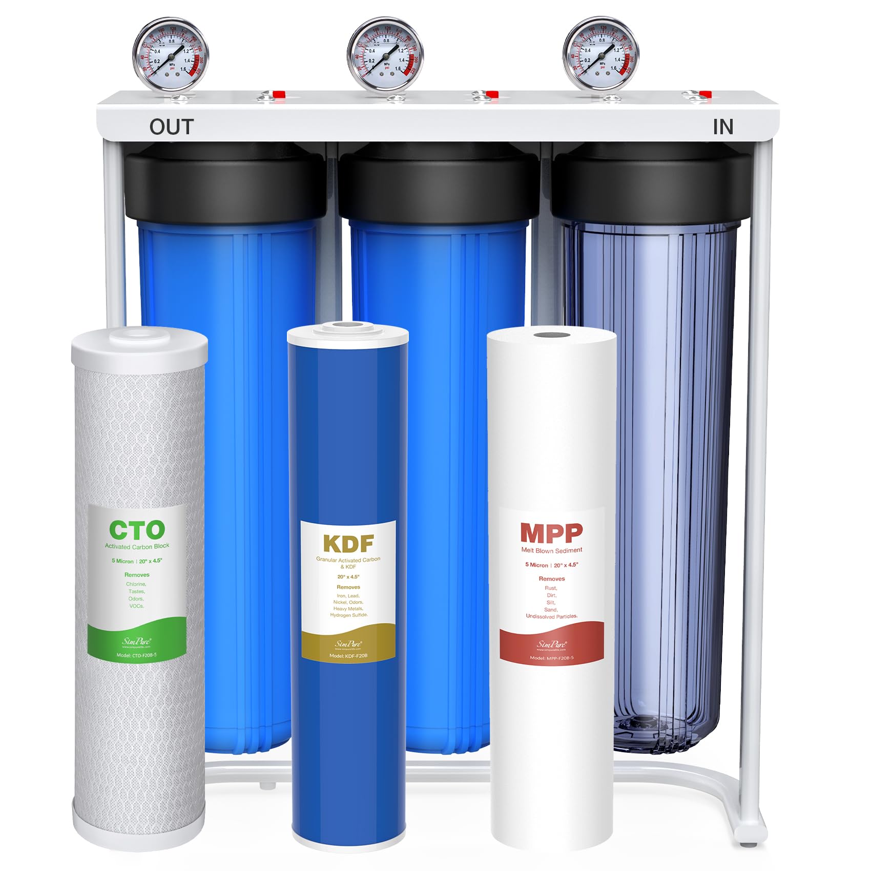SimPure Whole House Water Filter System, 3-Stage Clear Home Water Filtration with Sediment Carbon and GAC Filters, Reduce Odor, Chlorine, Taste, Iron, Lead, 1" NPT Brass Port, BPA Free (DB20P-3)
