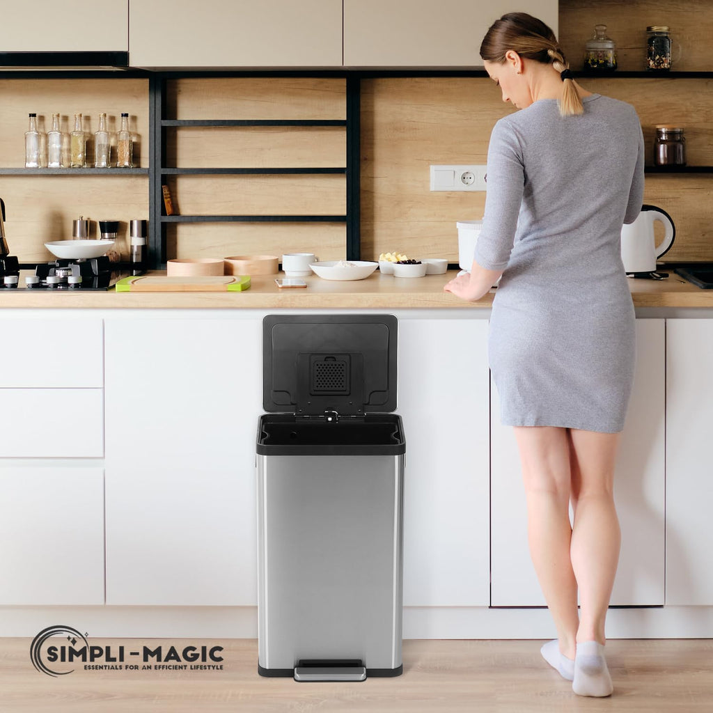 SIMPLI-MAGIC 50 Liter / 13.2 Gallon Soft-Close, Smudge Resistant Trash Can with Foot Pedal and Built in Filter- Stainless Steel, Sleek Finish