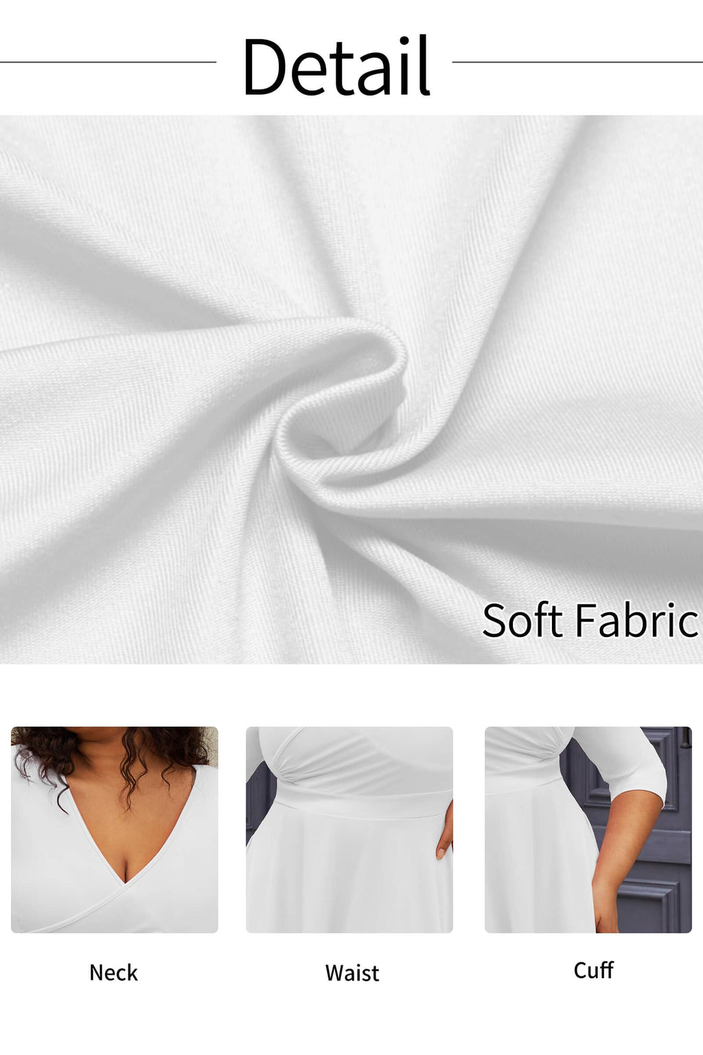 CLOCOR Women's Plus Size Midi Dress 3/4 Sleeve A-Line Swing Dress V Neck Flowy Casual Dresses White 2X-Large