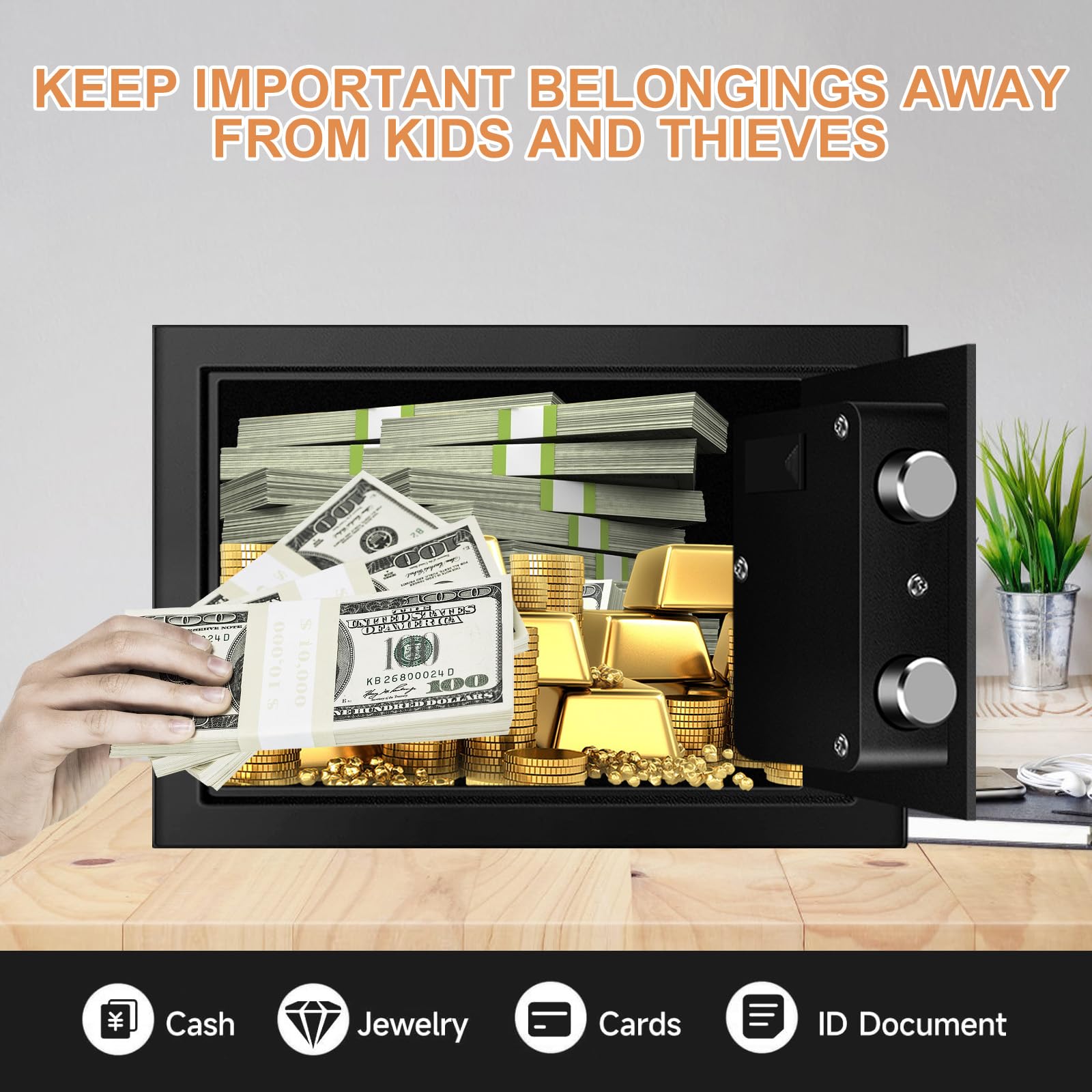 0.7 Cuft Kleine Huissafes Water- en Brandwerend, Digitale Persoonlijke Beveiligingskluis met Programmeerbaar Toetsenbord en Reserve Sleutels, Kleine Brandwerende Safes voor Geld, Medicijnen en Waardevolle Bezittingen thuis