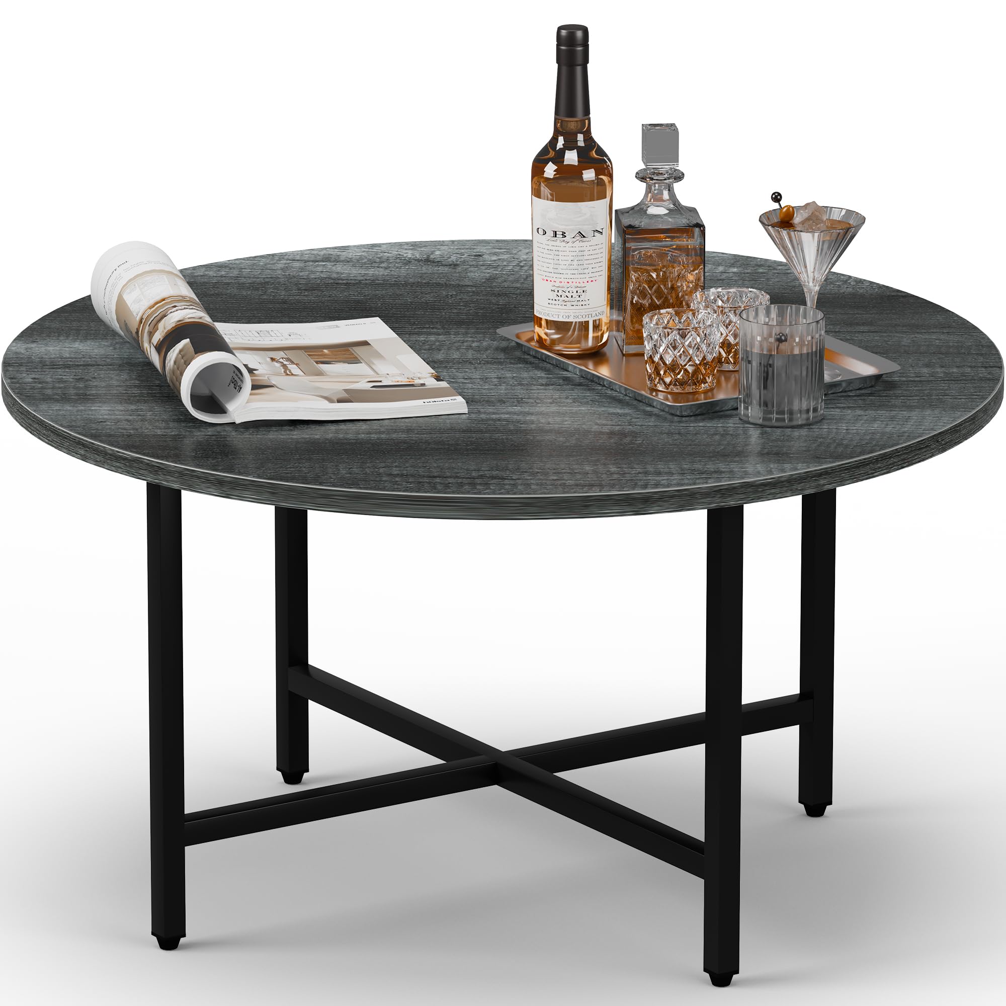 Coffee Table, 23.6" Coffee Tables for Living Room, Round Coffee Table with Metal Frame, Floor Table for Sitting on The Floor, Home, Office, Black