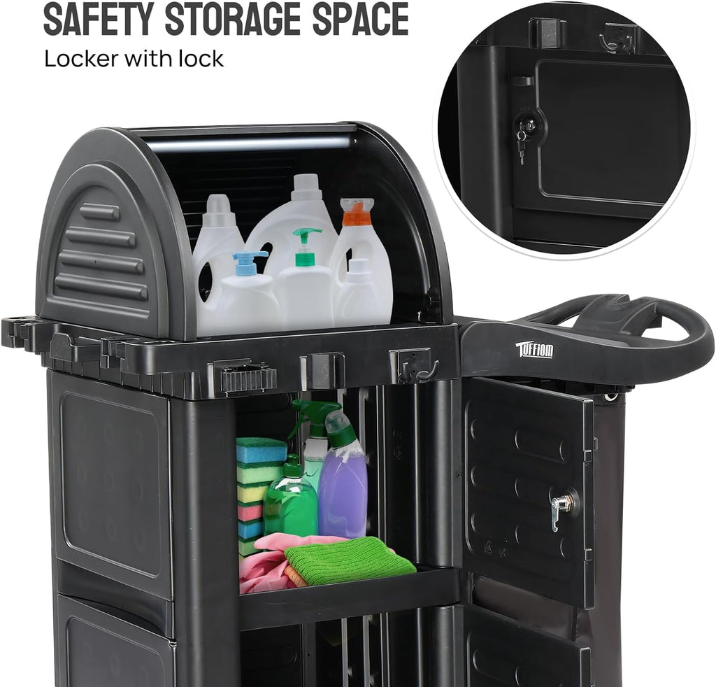 TUFFIOM Janitorial Cart with Key-Locking Cabinet, 3-Shelf Commercial Cleaning Cart with Wheels, Housekeeping Caddy with Locker, Black, Great for Hotel, Stores, Schools, and Business