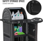 TUFFIOM Janitorial Cart with Key-Locking Cabinet, 3-Shelf Commercial Cleaning Cart with Wheels, Housekeeping Caddy with Locker, Black, Great for Hotel, Stores, Schools, and Business