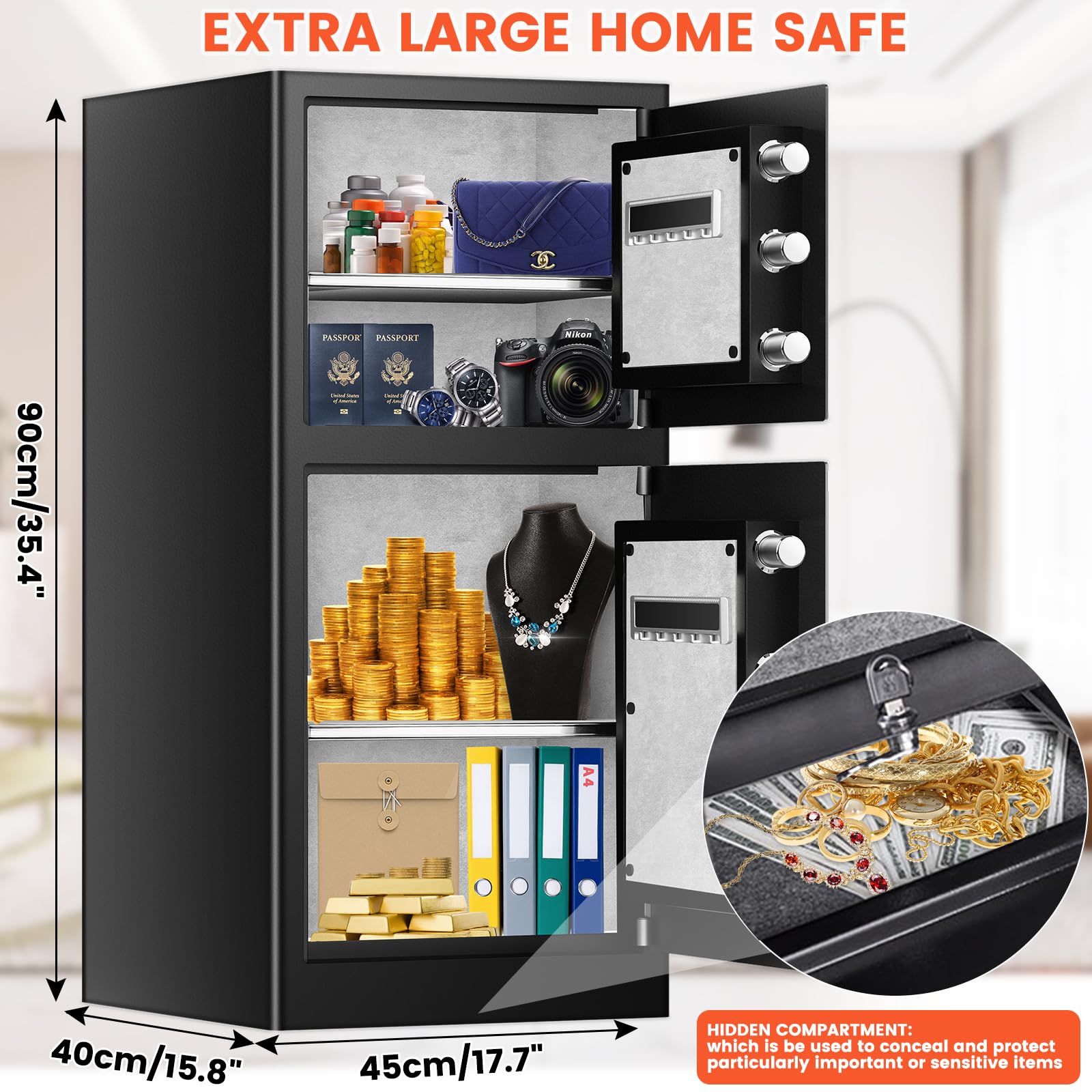 [DOUBLE DOOR SAFE] 8.1 Cub Extra Large Home Safe with Fireproof Waterproof Document Bag, Heavy Duty Digital Security Safe with [HIDDEN LOCK BOX], Fireproof Safe for Home Business Office USE - Grand Goldman