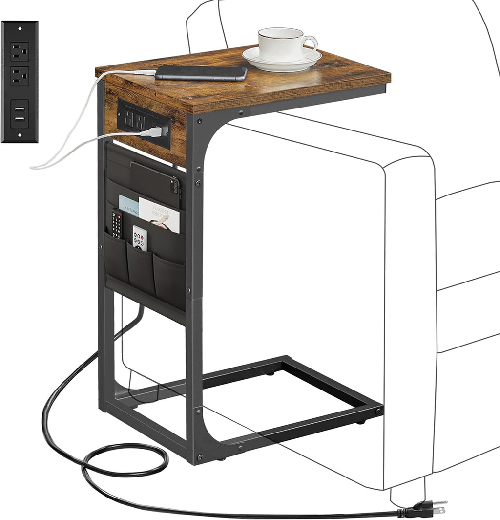 TUTOTAK C Shaped End Table with Charging Station, Side Table for Sofa, Couch Table with Storage Bag, TV Tray with 2 USB Ports and Outlets for Living Room, Bedroom, Brown TB01BB024