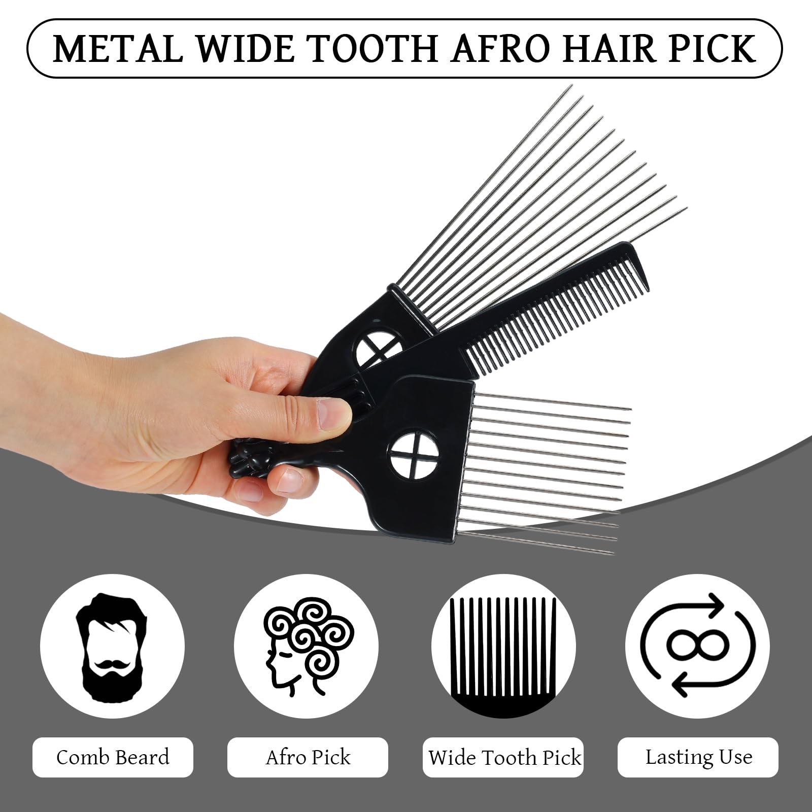 Afro Hair Pick for Men Hair Comb with Metal Pick for Afro Hair Wide Tooth Comb for Hair styling Afro Pick for Women Styling Comb Styling Tool for Natural Curly Hair Beard, 3PCS