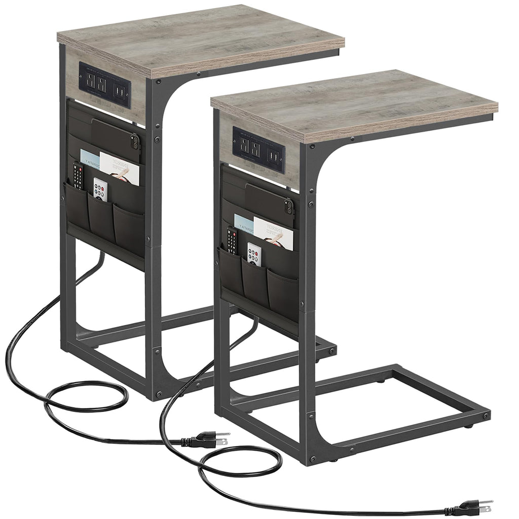 TUTOTAK C Shaped End Table with Charging Station, Side Table for Sofa, Couch Table with Storage Bag, TV Tray with 2 USB Ports and Outlets for Living Room, Bedroom, Brown TB01BB024