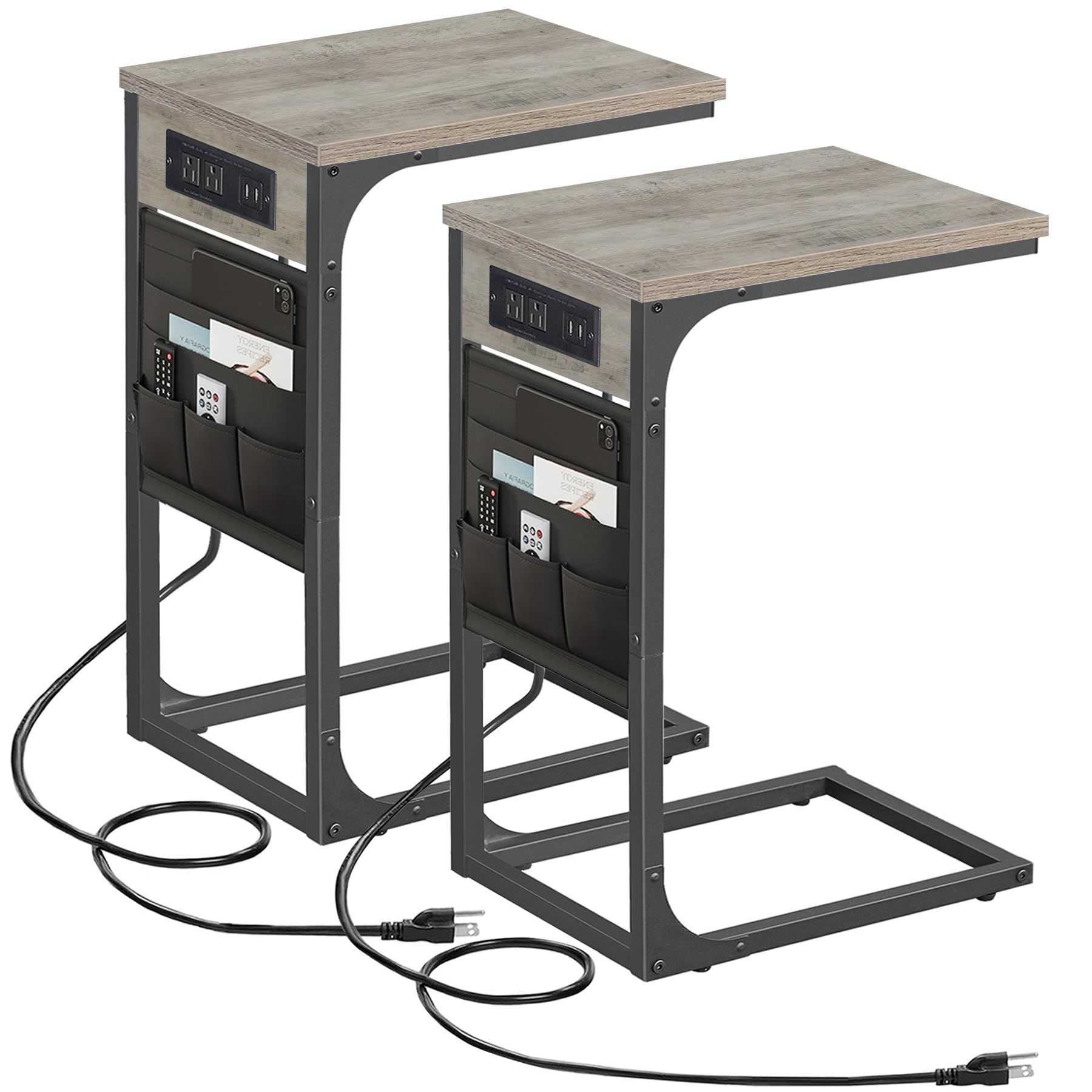 TUTOTAK C Shaped End Table with Charging Station, Side Table for Sofa, Couch Table with Storage Bag, TV Tray with 2 USB Ports and Outlets for Living Room, Bedroom, Brown TB01BB024