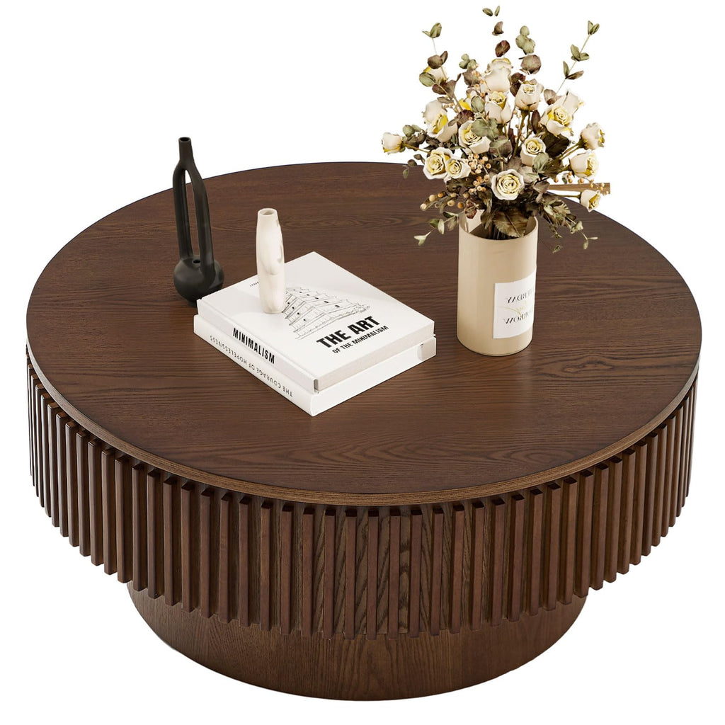 LKTART Round Coffee Table for Living Room, Accent Fluted Drum Coffee Table with Storage, Modern Solid Wood Veneered Circle Center Tea Table for Small Space Apartment (31.5''D×14''H-Natural)