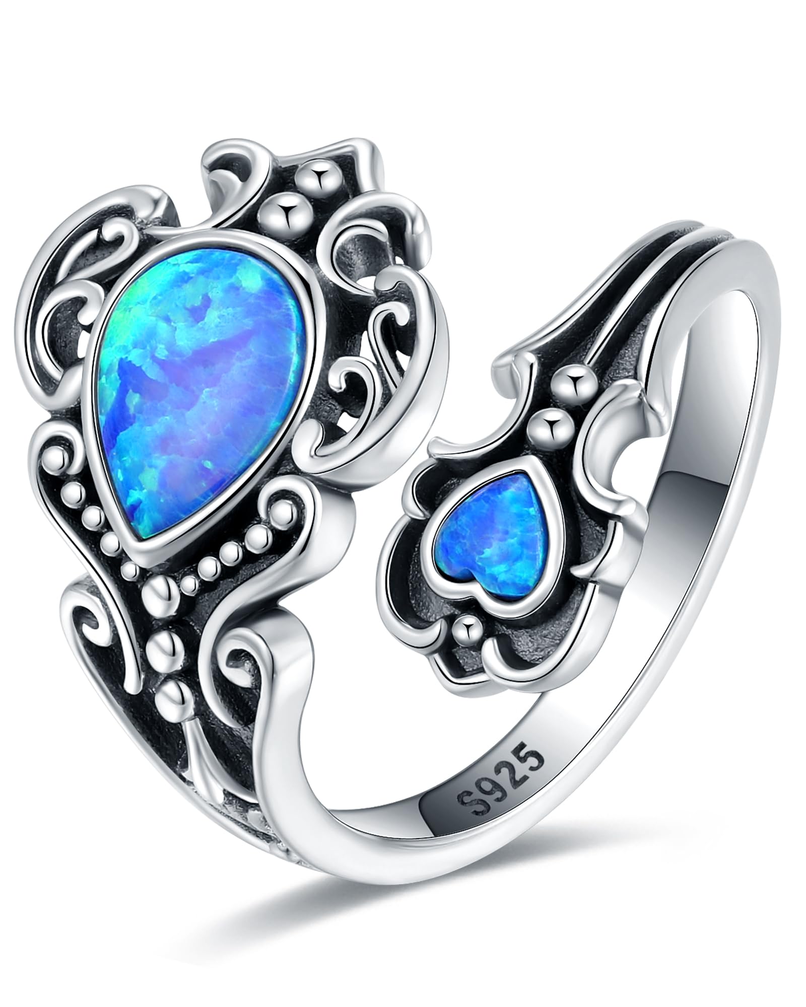 S925-Sterling-Silver Turquoise Dragonfly/Butterfly Spoon Ring - Vintage Boho Sunflower Thumb Rings Oxidized Wrap Ring Victorian Style Antique Floral Jewelry Gifts for Women