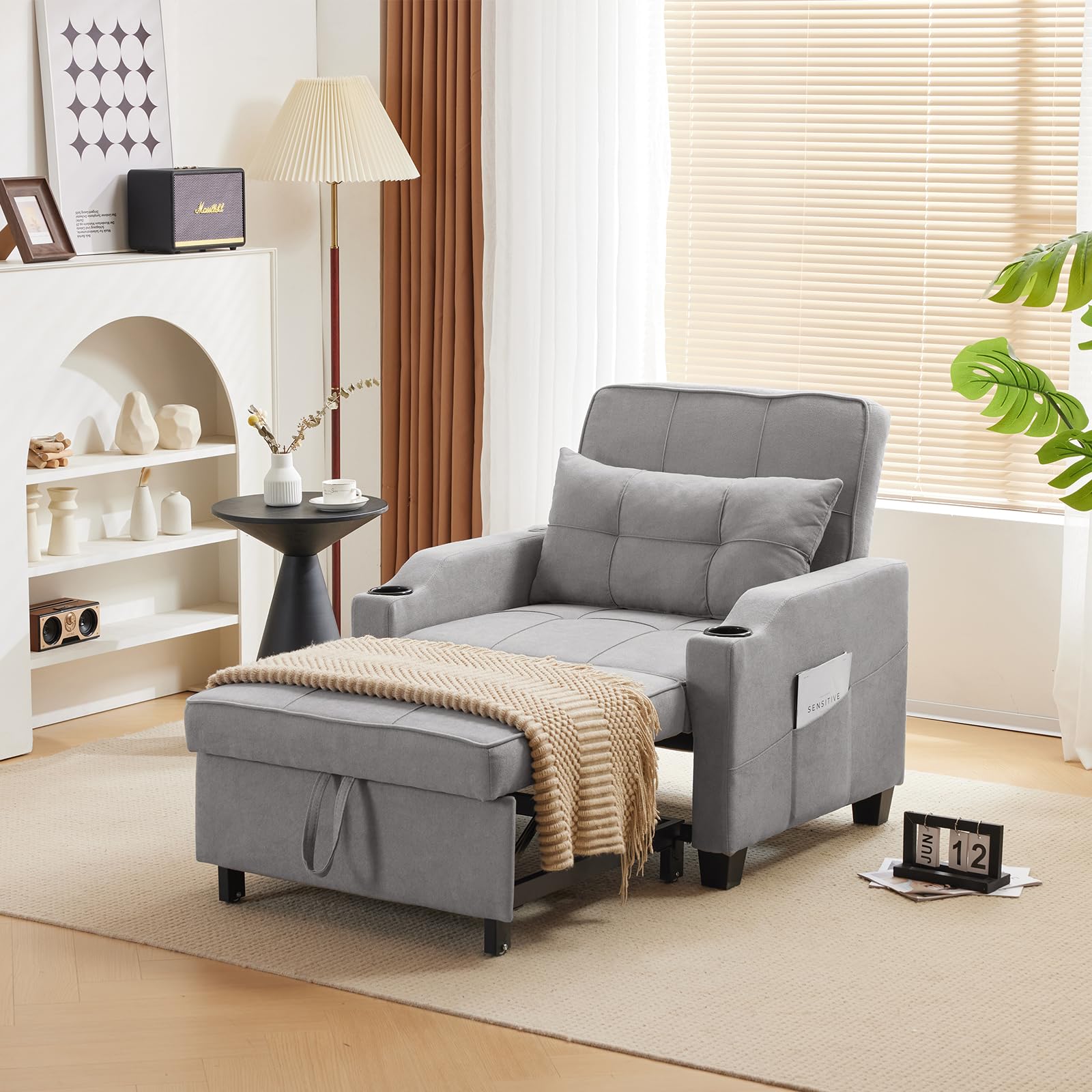 VINGLI Sleeper Chair 3-in-1 Convertible Sofa Bed Adjustable Recliner Sofa Modern Pull Out Couch Bed with 2 USB Ports 2 Cup Holders 2 Side Pockets for Living Room Bedroom Small Spaces, Dark Grey