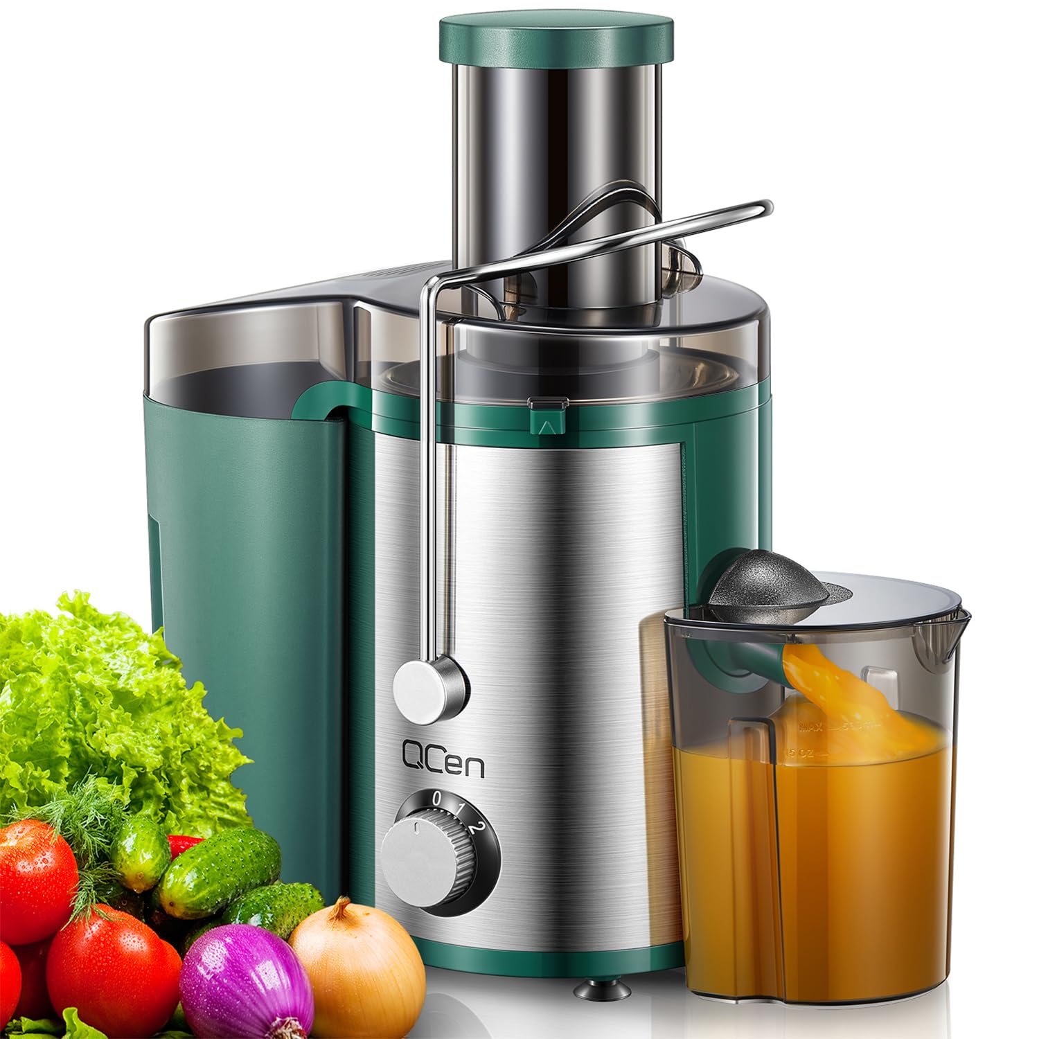 QCen Juicer Machine, 500W Centrifugal Juicer Extractor with Wide Mouth 3” Feed Chute for Fruit Vegetable, Easy to Clean, Stainless Steel, BPA-free (Aqua)