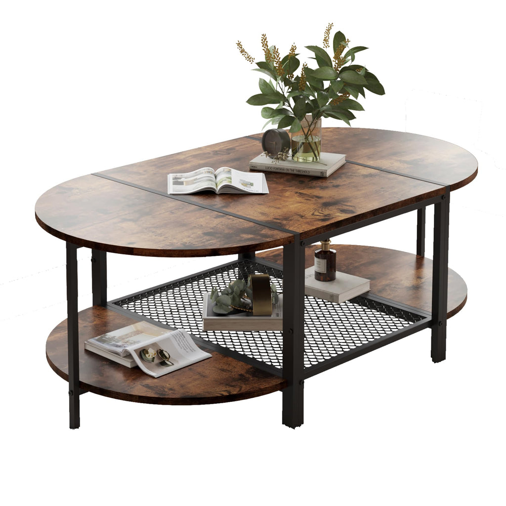 SENIG Small Brown Rectangle Wood and Metal Coffee Table with Storage Shelf for Small Living Rooms