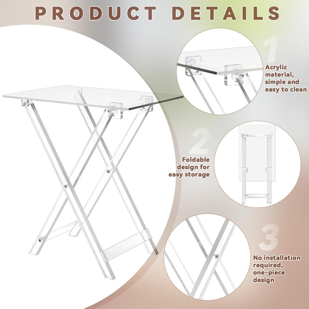 2 Pcs Acrylic Foldable TV Dinner Table Clear Small Folding TV Tray Space Saving Acrylic Dining Table for Eating Snack Coffee Bed Desk Side Living Room Kitchen Furniture Easy Assembly