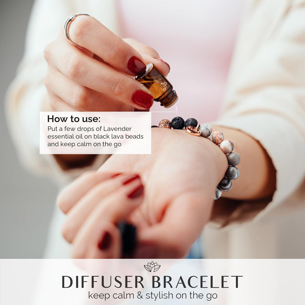 Lava Rock Beaded Diffuser Bracelet for Women with Lavender Essential Oil, 18K Gold-Plated Charm Soothing Crystal Beads Boho Stretch Bracelet for Aromatherapy, Birthday and Valentine’s Day Gift for Her