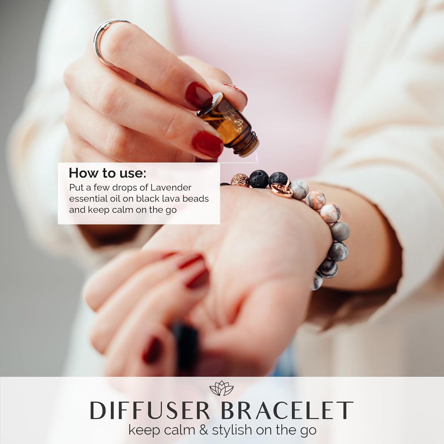 Lava Rock Beaded Diffuser Bracelet for Women with Lavender Essential Oil, 18K Gold-Plated Charm Soothing Crystal Beads Boho Stretch Bracelet for Aromatherapy, Birthday and Valentine’s Day Gift for Her