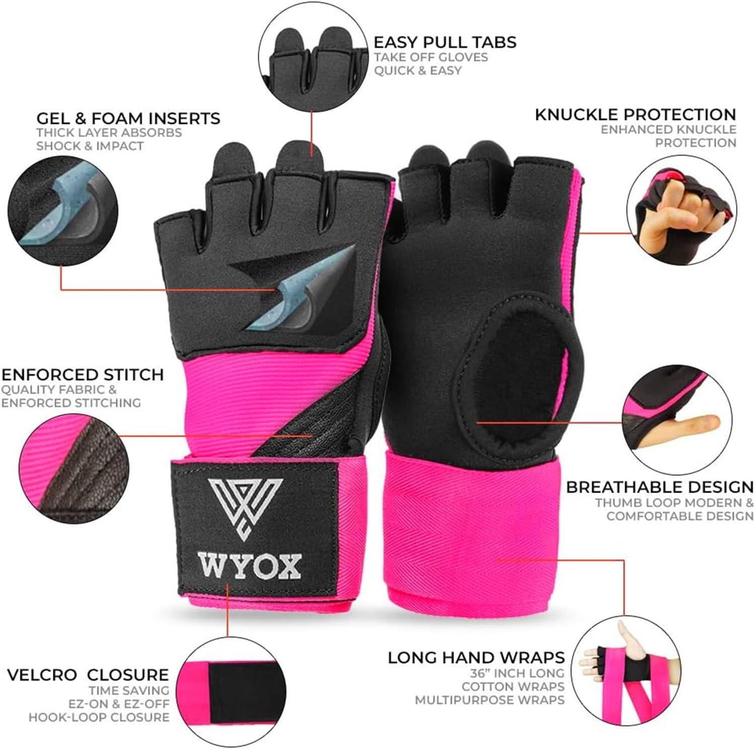 WYOX Gel Boxing Hand Wraps Inner Gloves for Men & Women, 80cm Quick Wrist Straps, Padded Knuckle Protection for Muay Thai Kickboxing, Hand Wraps for Boxing & Martial Arts