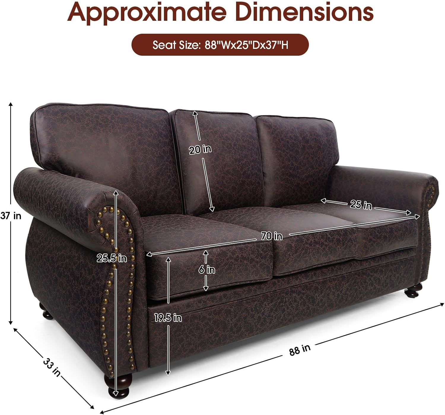 Mid-Century Vintage Sofa Couches with Rivet Design,loveseat Sofa,Removable Sofa Cover Upholstered Cushions and Solid Wood Frame (Brown, 3-Seater)