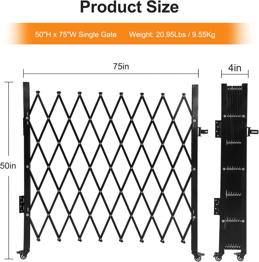 Single Foldable Security Gate 50" H x 75" W Aluminum Expandable Fence Portable Safety Barrier with Casters Retractable Driveway Gates 360°Rolling Barricade Gate Mobile Barricade Safety Barrier